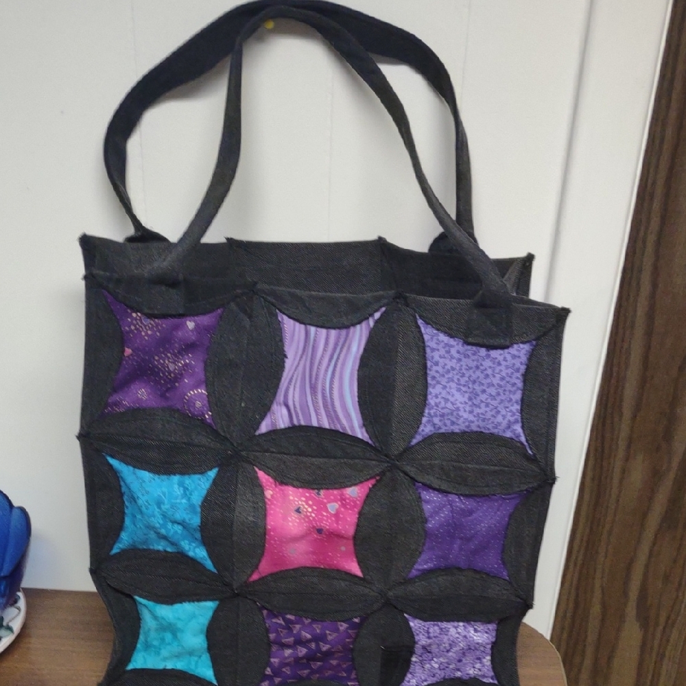 Handcrafted Patchwork Tote Bag - Black, Purple, Blue, Pink